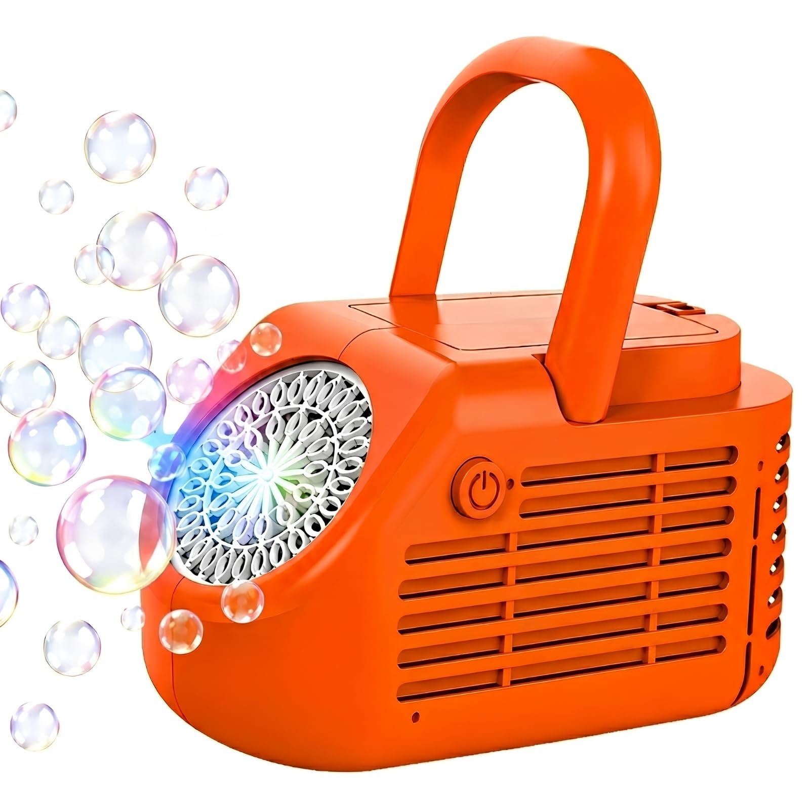 Máquina de Burbujas de Escenario Portátil de 42 Orificios, Soplador Automático Recargable por USB con Luces LED, para Niños, Cumpleaños, Fiestas, Jardín, Exterior y Celebraciones (Naranja)