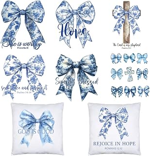 Blue Bow Iron on Transfer - 9Pcs Dtf Transfers Ready to Press, Bible Verse Bowknot Iron on Decals Patches for Tshirts, Coquettee Heat Transfer Stickers for Clothes Bags Hats DIY Crafts