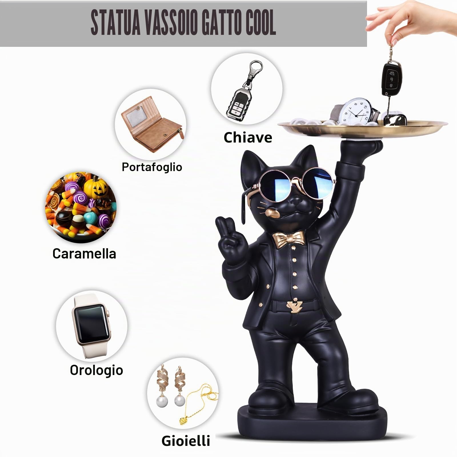 30 cm di altezza divertente scultura decorativa gatto nero con contenitore per caramelle - adorabile statua di gatto con vassoio portaoggetti per soggiorno, vassoio portachiavi per ingresso