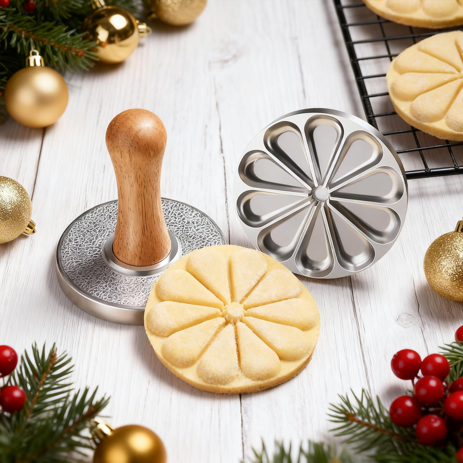 OPPEIN Juego de 3 sellos de galletas, molde de metal para prensa de galletas con mango de madera, suministros de decoración de galletas para hornear, pasteles, pasteles, paquete de regalo