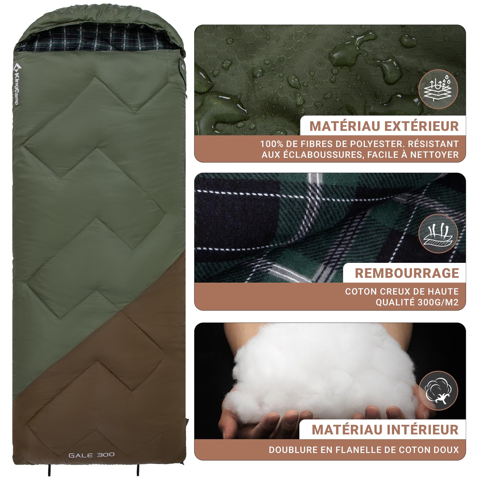 KingCamp Saco de Dormir Adulto XXL de Franela de Algodón, 230 x 90 cm, Cálido, para 3 o 4 Sstaciones, para Acampar y Viajes, con Capucha y Saco de Compresión.