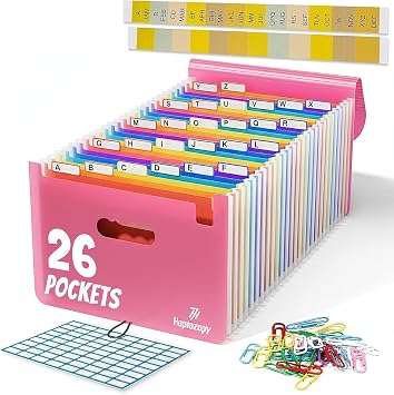 Accordion File Organizer, 26 Pockets Expanding Accordion Folder, A4 Letter Size Filing Organizer with Colorful Tabs, Elastic Cord, 60 Paper Clips, Labels & Stickers for Office Pink