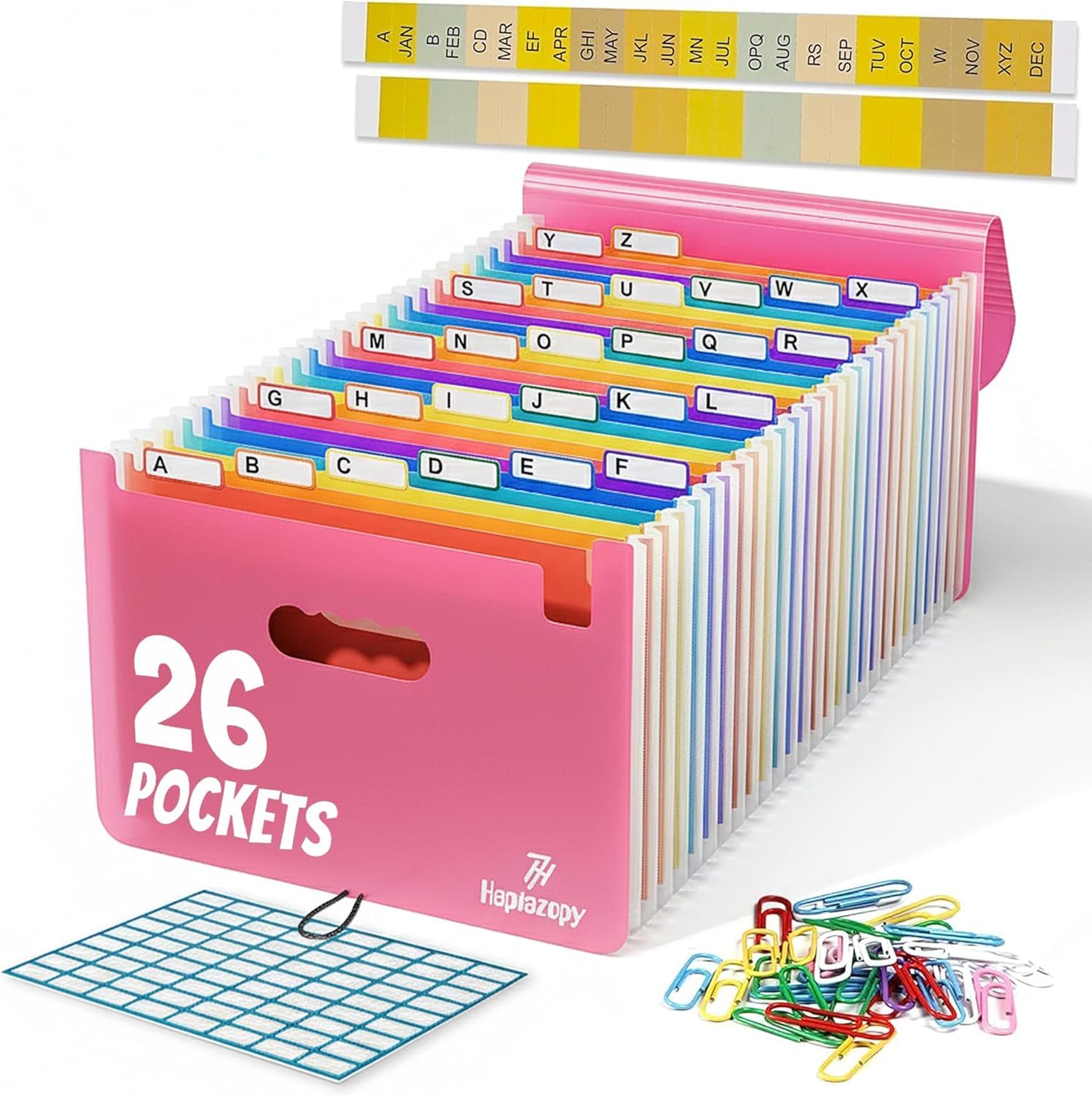 Heptazopy File Organiser, 26 Folders for Paperwork A4, 34 x 25 x 4 cm Document Organiser Quality PP, Flap & Elastic Cord Closure Comes with Labels, Tags & Sticker Card (Pink (26 Pockets))