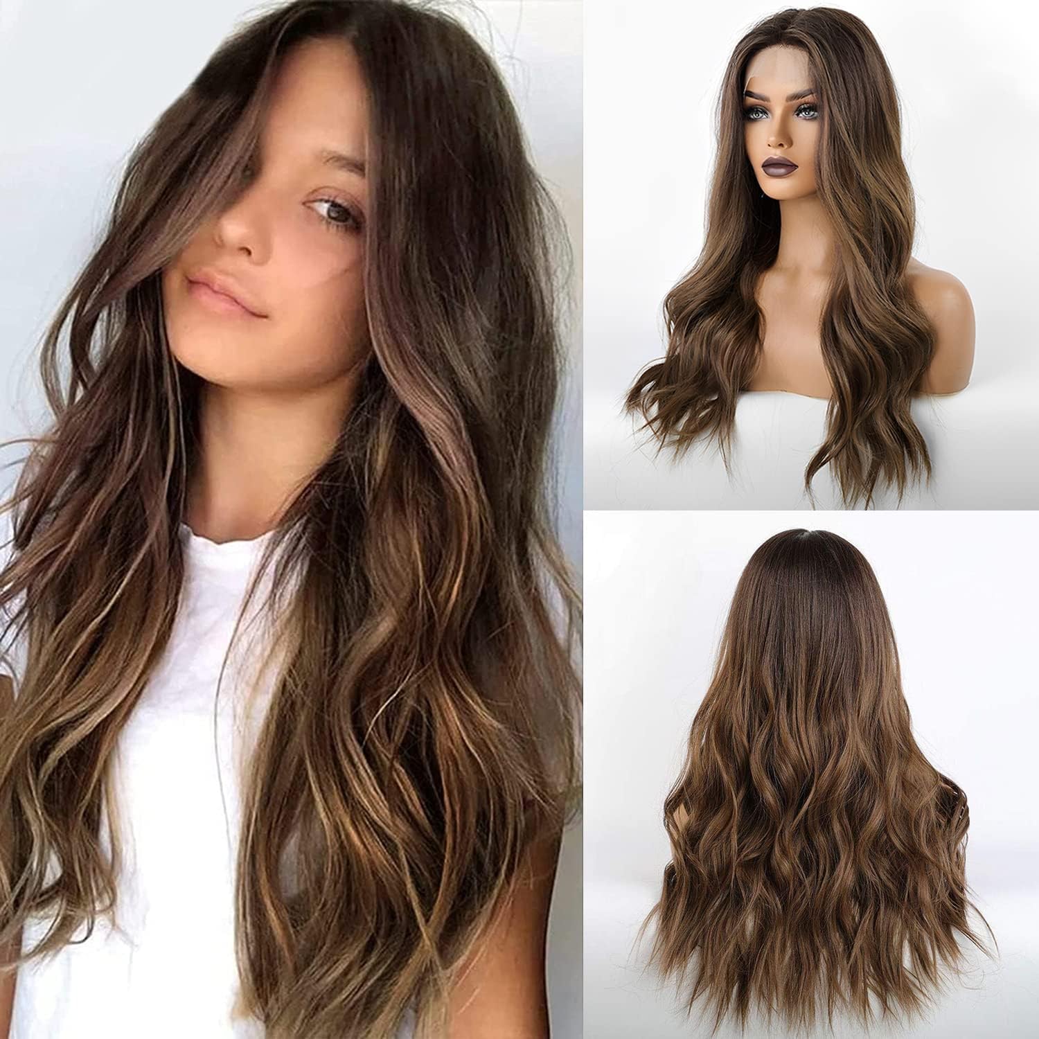 EMMOR Long Brown Lace Front Wig for Women, 25 Inch Natural Hair Wavy Synthetic Wigs Middle Part Daily Hair Hand Tied/Longlife/Lightweight