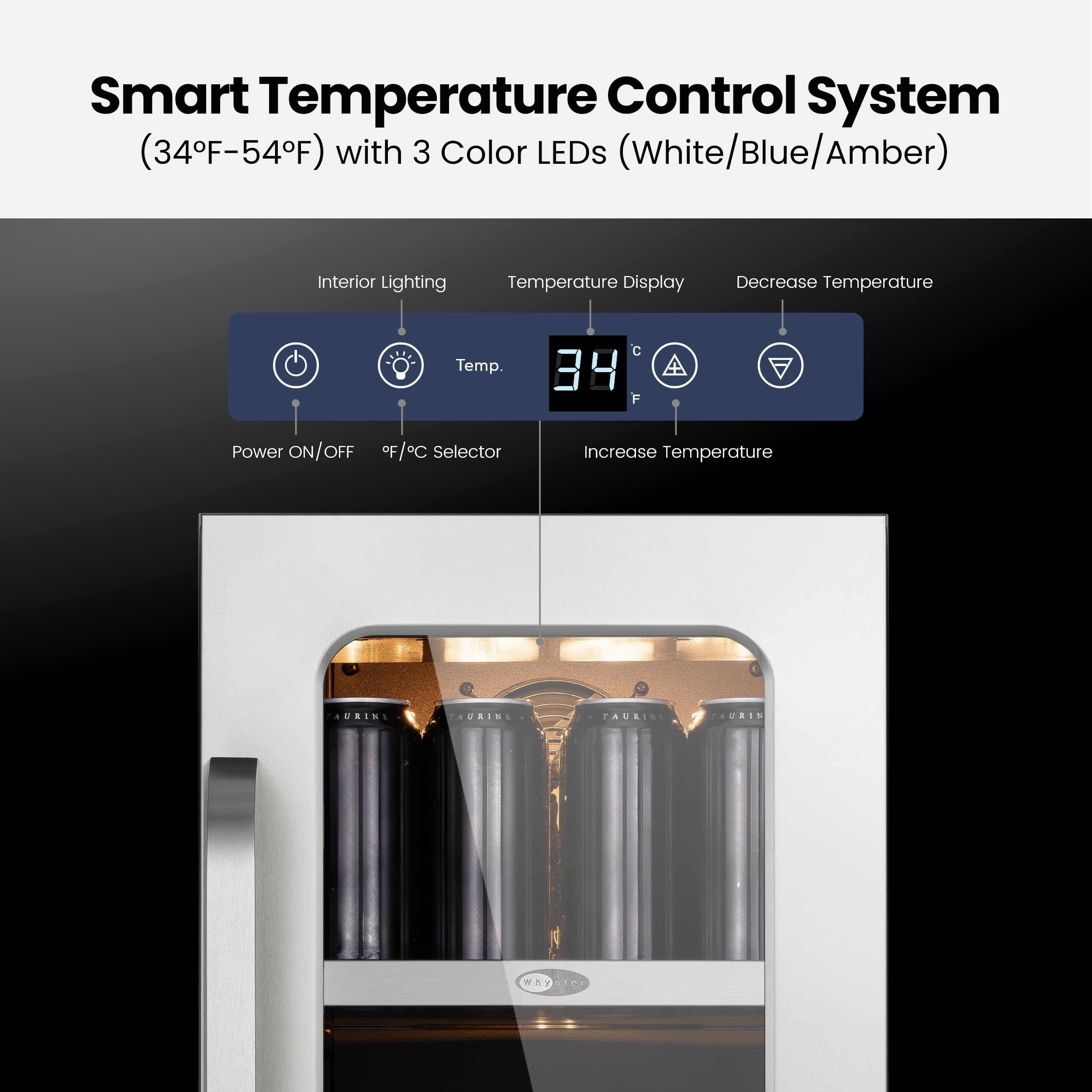 15 Inch Beverage Refrigerator Small Beverage Fridge, Drink Fridge With Glass Door 3 LED 34-54 ℉ Beverage Cooler Built-In Or Freestanding 80 Cans (3.0 Cu.Ft) on Fridge.com - View 6