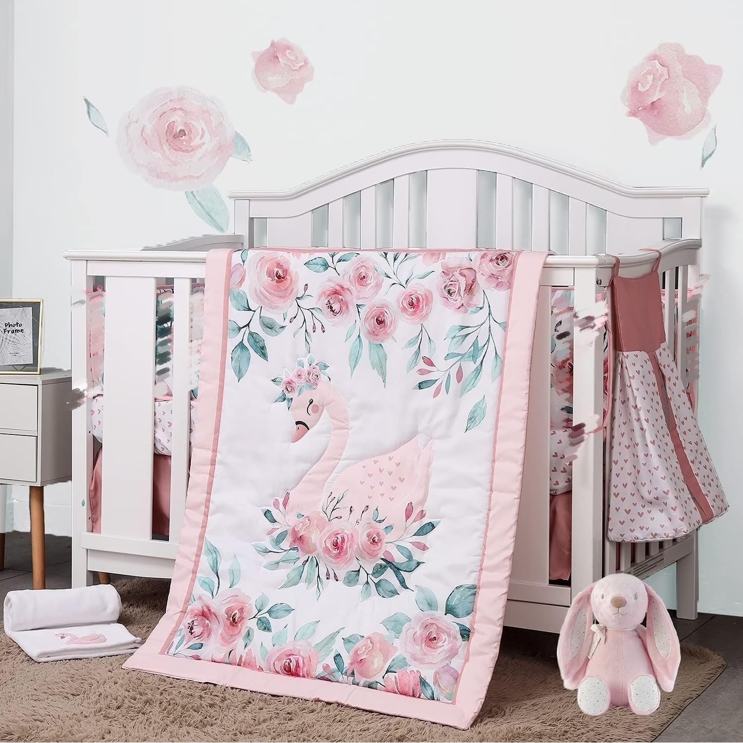 5 PCS Pink Swan & Flower Design Breathable Baby Crib Bedding Set for Boys - Newborn, Infant & Toddler Nursery Decor Including Fitted Crib Sheet, Crib Skirt,Blanket,Quilt,Nappy Bag