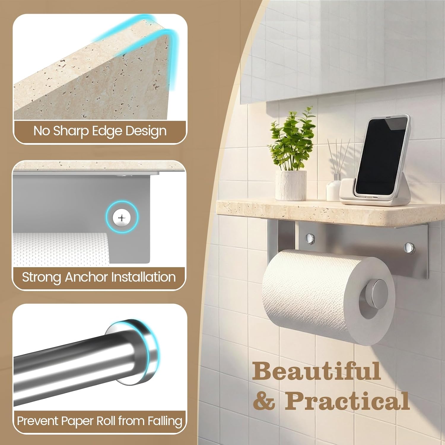 Marble Toilet Paper Holder with Shelf, 304 Stainless Steel Wall Mounted Toilet Roll Holder, Tissue Holder for Bathroom, Washroom, RV, Premium Marble Bathroom Accessories for Modern Decor