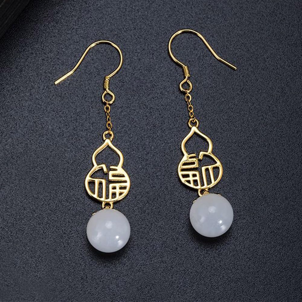S925 Silver Gold-Plated Natural Hetian White Jade Gourd Fortune Earrings for Women Yoga Genuine