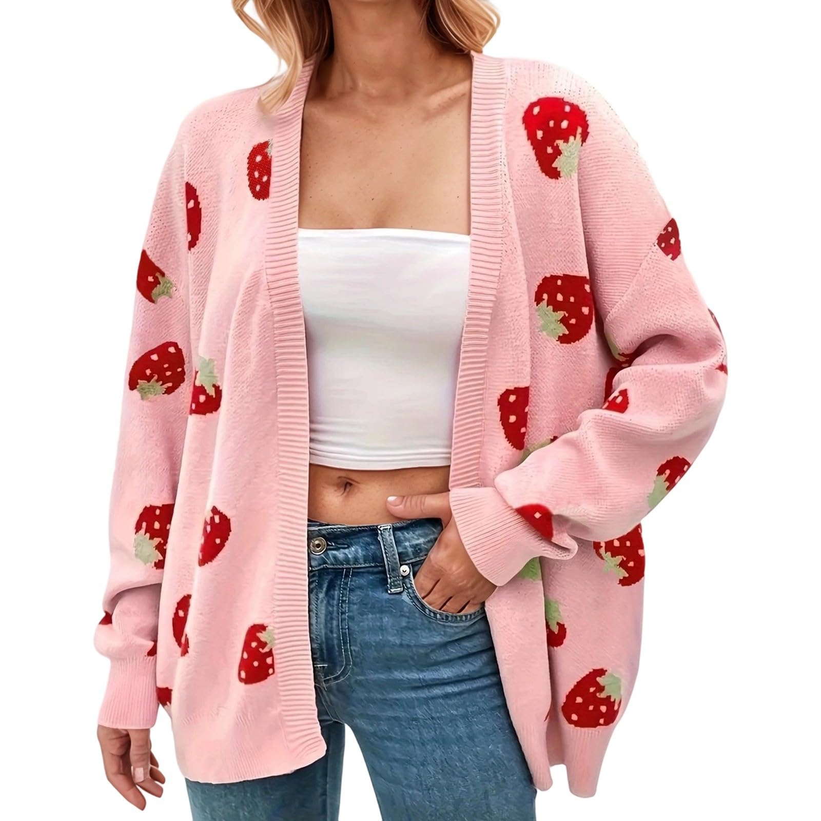 Womens Knit Sweater Coat Long Sleeve Open Front Cardigan Strawberry Jacquard Pattern Loose Fit Outwear