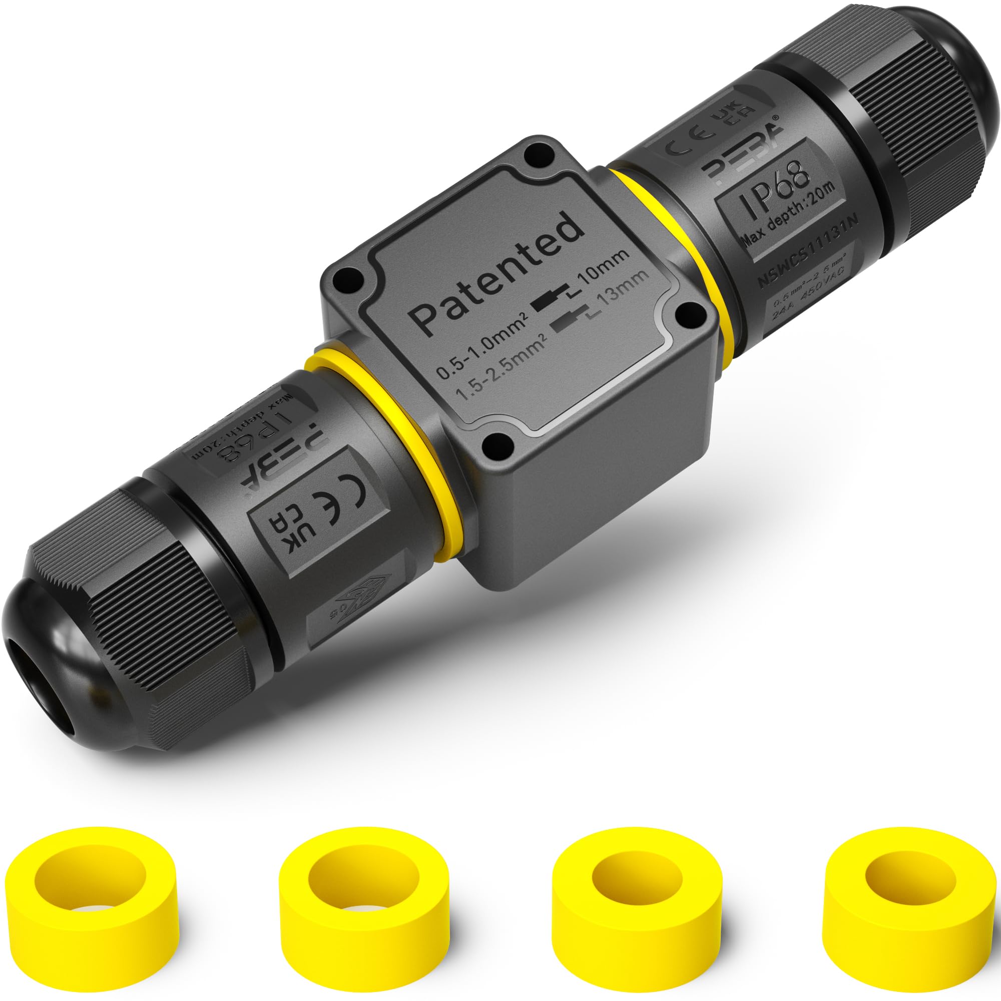 PEBA IP68 Waterproof Cable Connector 3-Pin 2-Way Junction Box, Outdoor Electrical Connector, 4-12mm Cable Diameter, Black Terminal Block with Lever for Electrical Connections 1 Piece