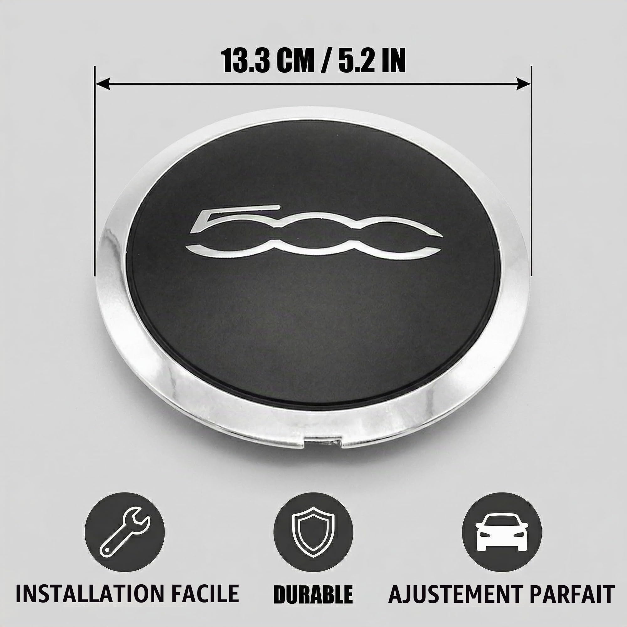 4 Pièces Enjoliveur Pour Fi-At 500, Accessoire Pour Garniture De Capuchon De Roue 500,Remplacement Accessoires De Mise À Niveau De Capuchon De Roue Central(Noir/Argent,B)