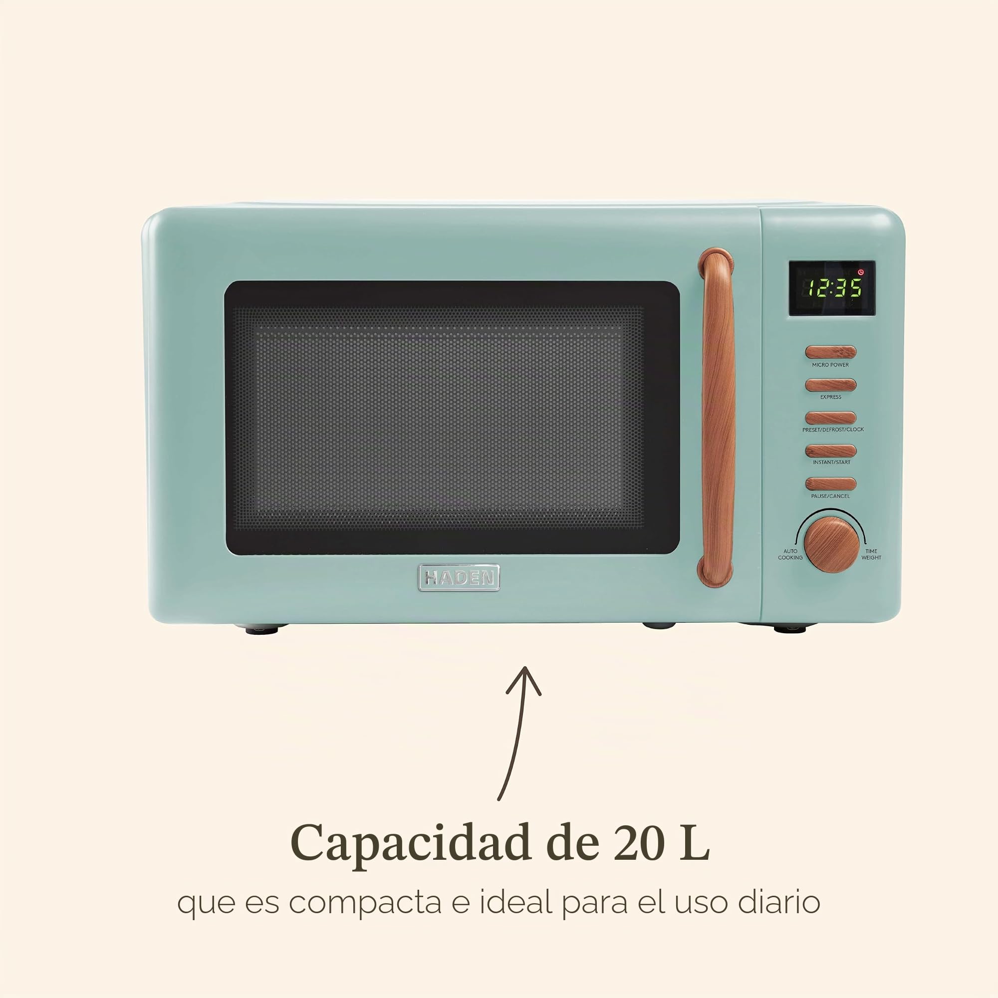 Haden Dorchester Green - Horno microondas de 20 L, 800 W, controles digitales, 5 niveles de potencia, ideal para encimera con acabado efecto madera, espacio de cocina pequeño