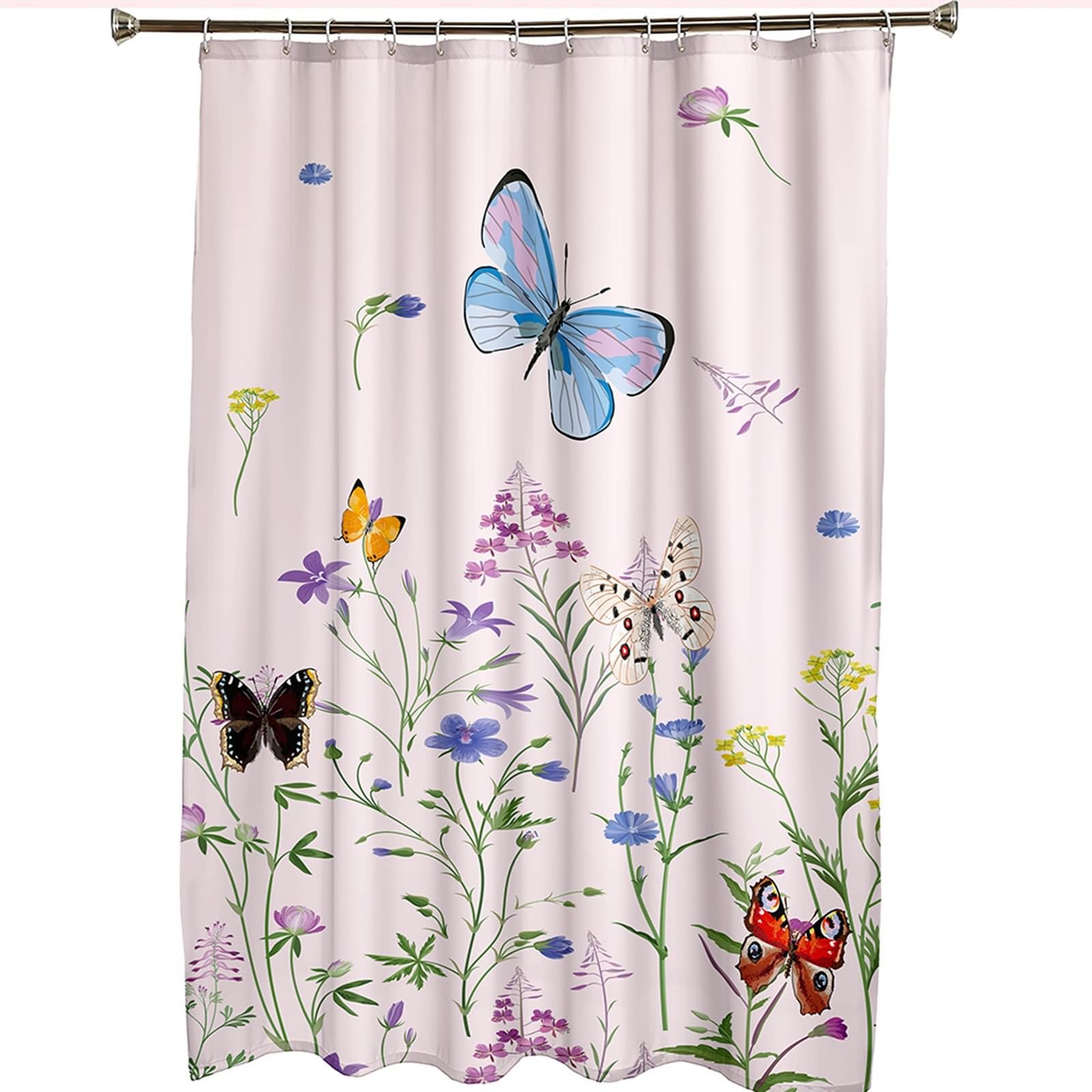 Zasłona prysznicowa z pierścieniami, poliester zielony jasnoróżowy wiosna roślina botaniczna motyl zasłona prysznicowa z Grommets i haczykami, 300 x 200 cm