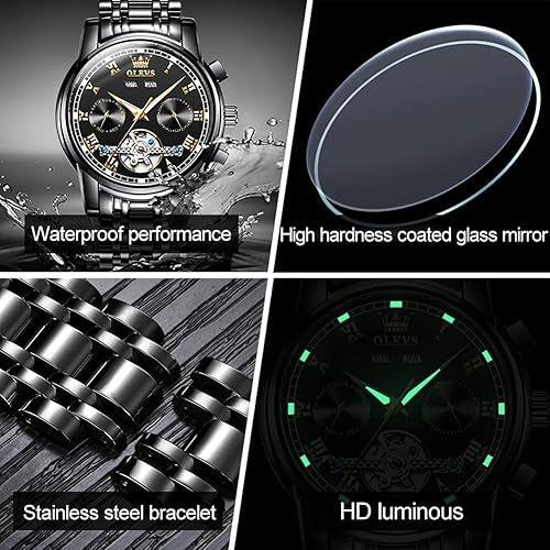 Miniatura 4 de OLEVS Reloj de lujo mecánico automático para hombre, impermeable, cuerda automática, fase lunar, fecha, cronógrafo, acero inoxidable, luminoso,