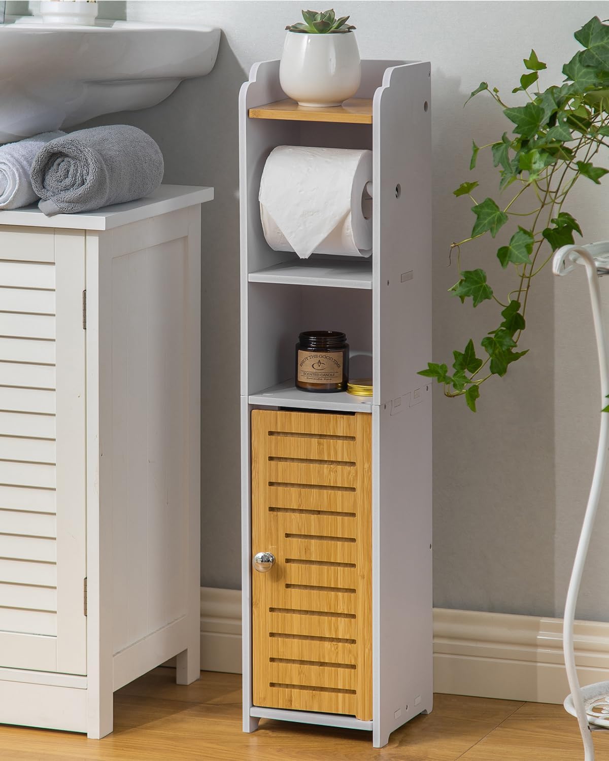 AOJEZOR Toilet Paper Holder Stand: Bathroom Storage Cabinet for Apartment Dwellers - Pure White/Natural Bamboo 30''H inch Pure White/Natural Bamboo