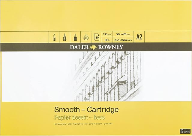 Daler-Rowney Smooth 130gsm A2 Cartridge Drawing Paper, Glued 1 Side, Acid-free, 30 Natural White Sheets, Ideal for Professional Artists & Students