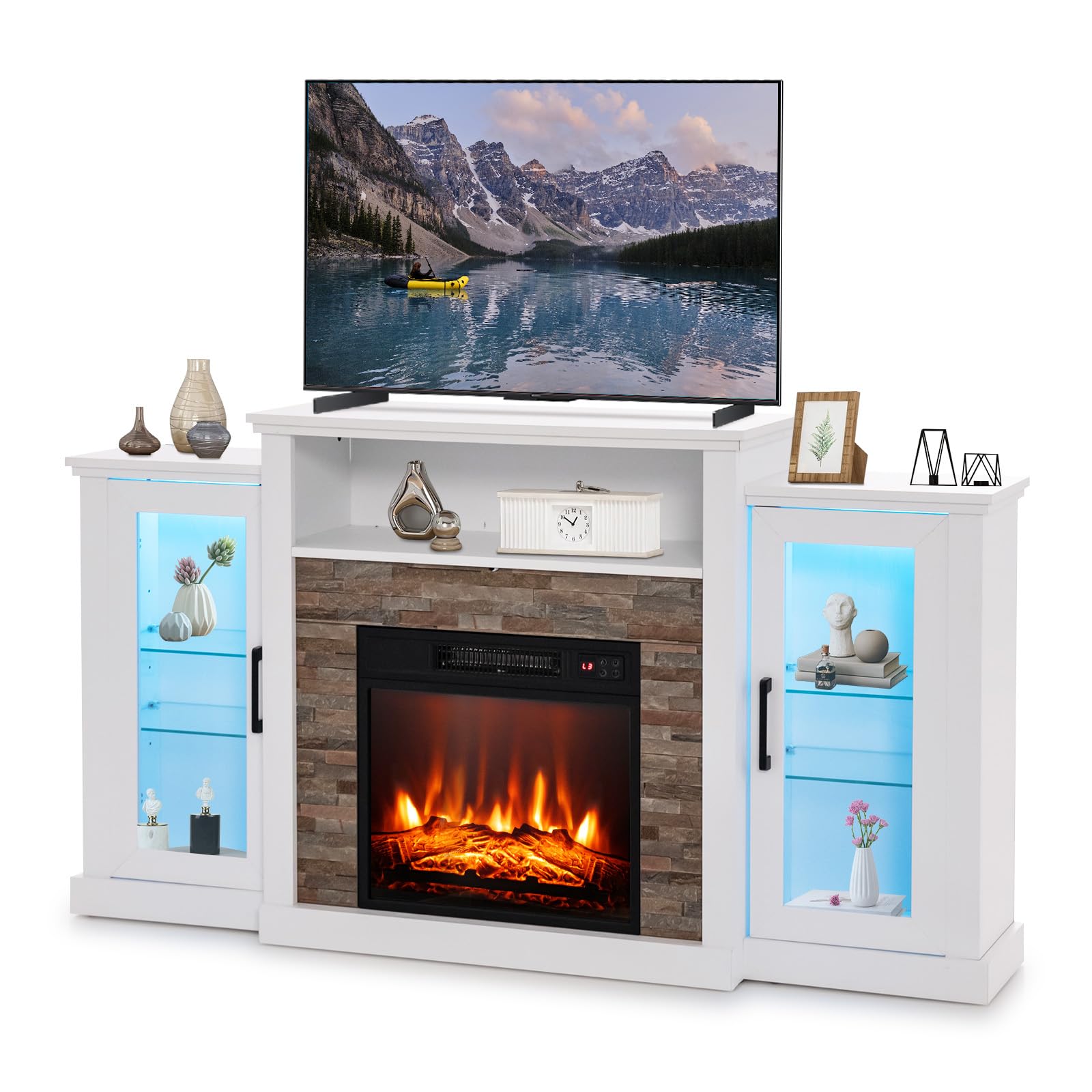 RELAX4LIFE Electric Fireplace TV Stand - Entertainment Center w/18’’ Fireplace Heater, LED Lights, APP & Remote Control, TV Console Table for Living Room, Electric Fireplace with Mantel (White)