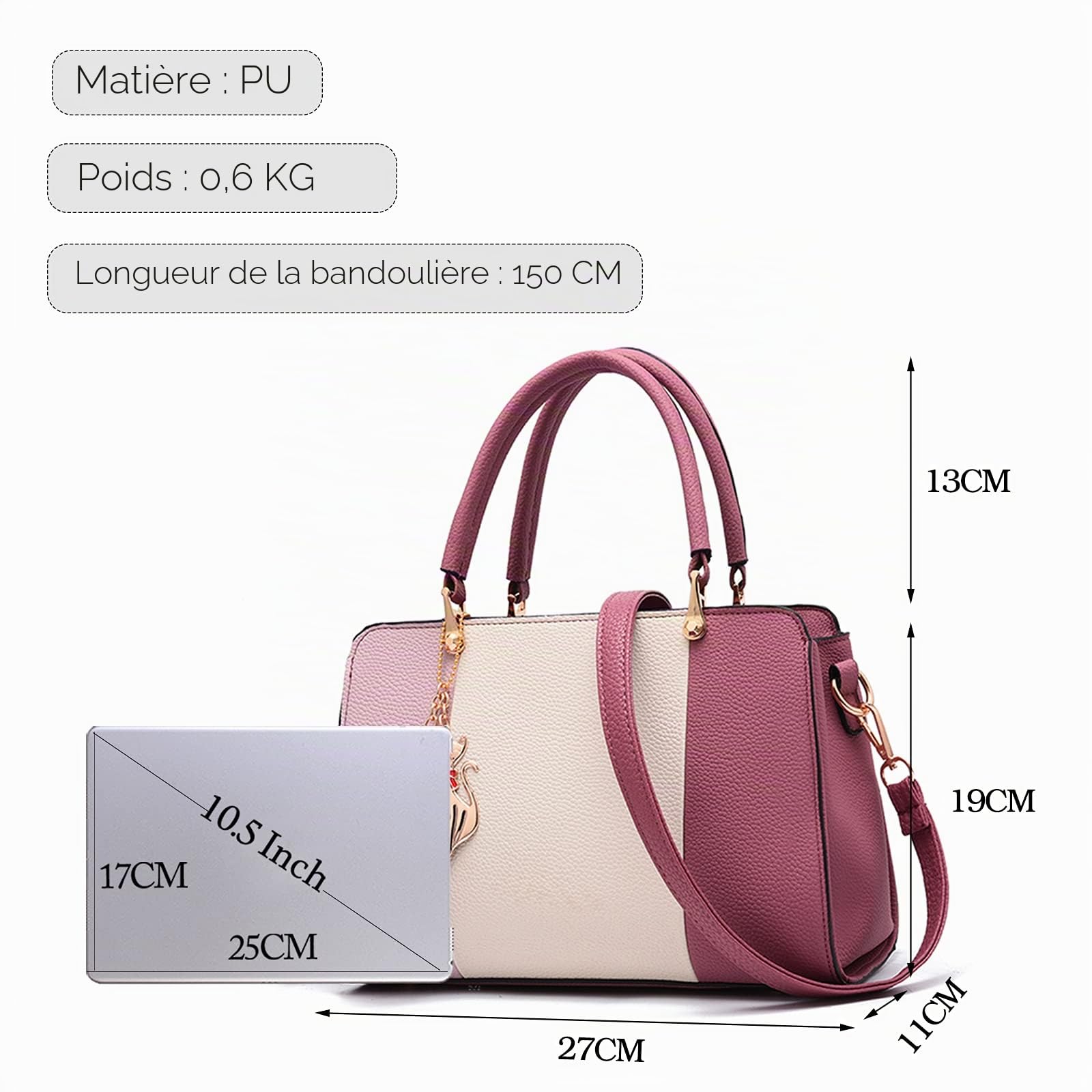 FANDARE Élégant Femme Sac a Main Sacoche avec Pendentif Sacs Cabas Imperméable Cartable pour Achats Fête Voyage Sac D'épaule Rose