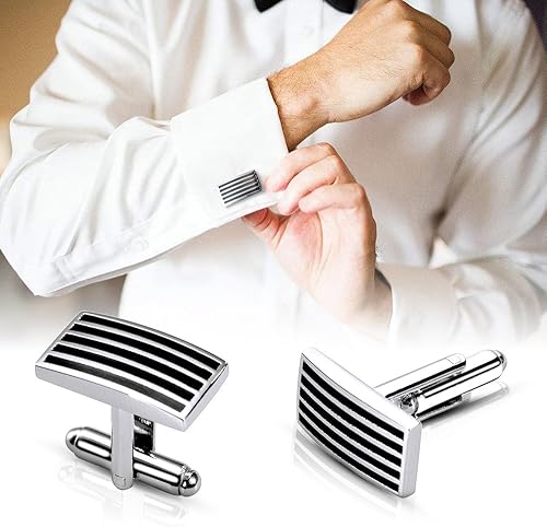 Miniatura 2 de Lictin Mens Cufflinks Cuff Links for Men Stainless Steel Classic Tone Cufflinks Black Striped Cuff Links Shirt Suit Cufflinks 5 Pairs