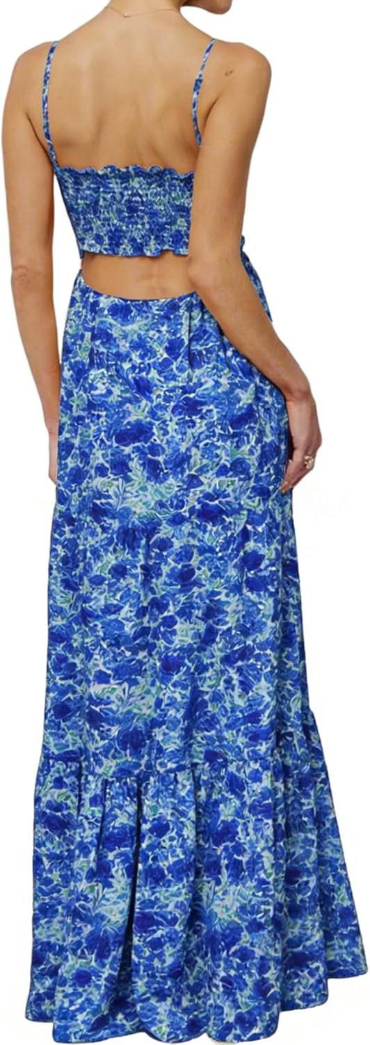 Womens Summer Floral Spaghetti Strap Backless Low Cut Smocked Milkmaid Flowy Beach Sundresses