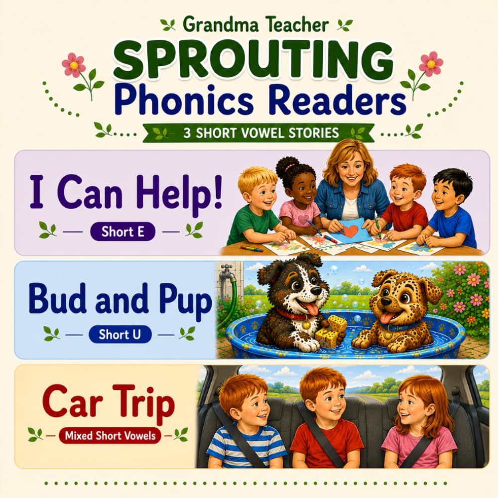 Grandma Teacher Sprouting Phonics Reader: I Can Help, Bud and Pup, and Car Trip: Beginning Short Vowel Decodable Series