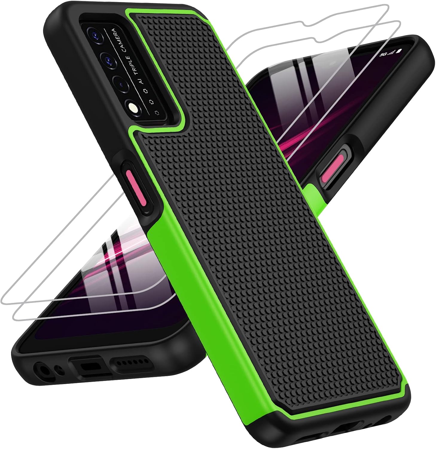 JXVM for T-Mobile REVVL V+ 5G Case: Dual Layer Protective Heavy Duty Cell Phone Cover Shockproof Rugged with Non Slip Textured Back - Military Protection Bumper - 6.82inch (Black Green)