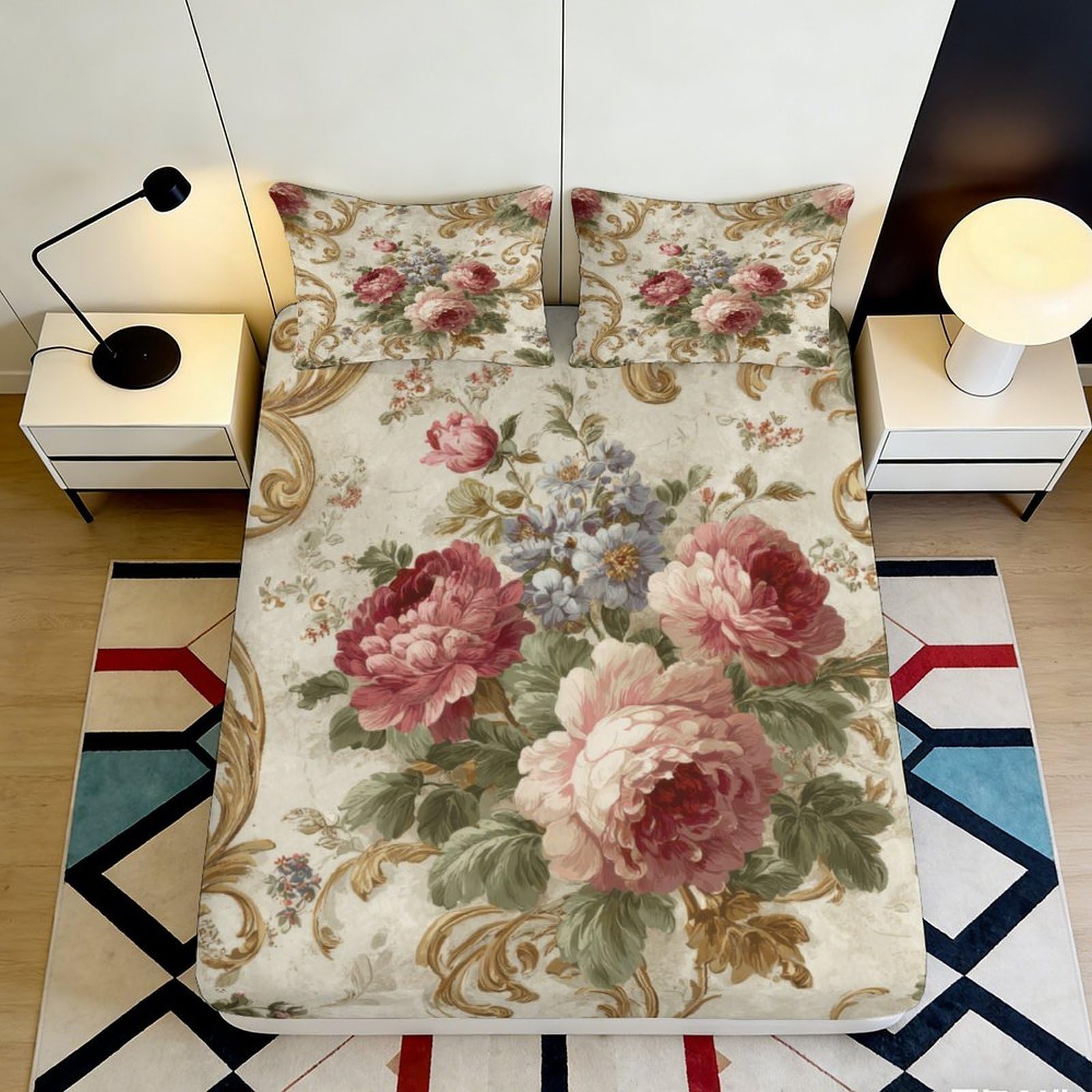 3D Printed Vintage Floral Fitted Sheet Microfiber Soft Breathable Peony Bouquet Mattress Cover for Bedroom Guest Room Decor 160x200x25cm
