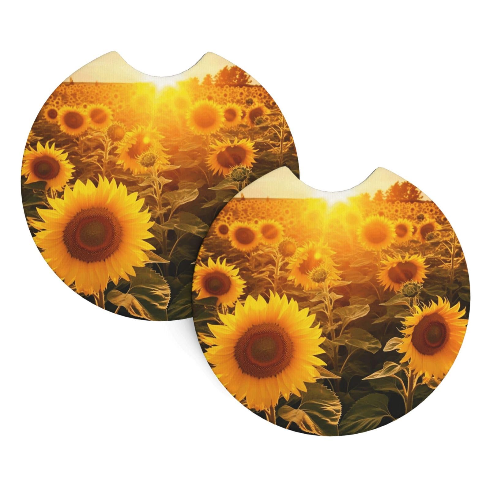 2PCS Car Coaster for Cup Holders Universal Auto Cup Mat Sunshine Sunflower Field Cup Coaster Pad 2.7" Waterproof Neoprene Non-Slip Cup Holder Coasters Car Interior Accessories for Women Men