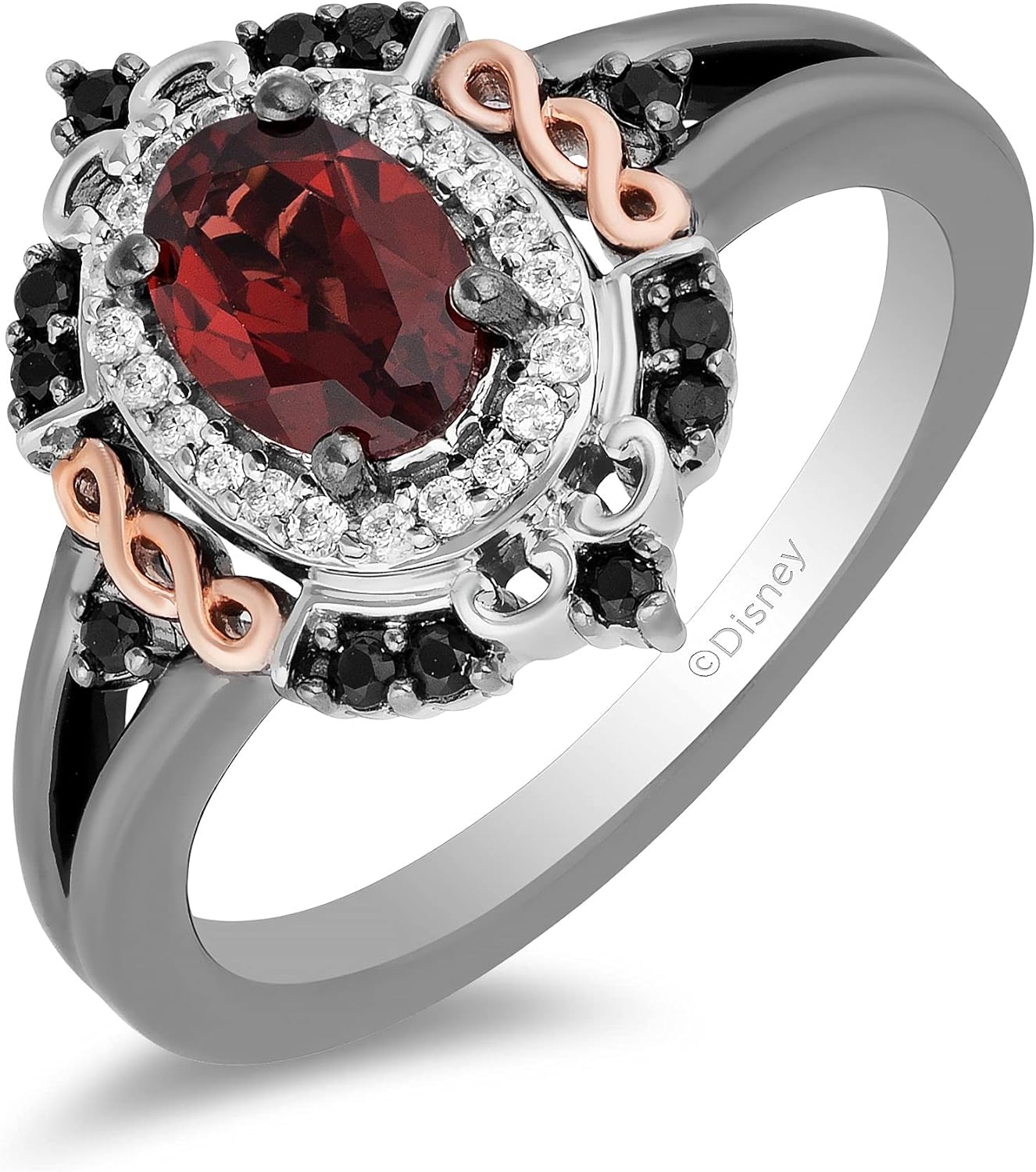 Jewelili Enchanted Disney Fine Jewelry Evil Queen Ring for Women | Black Rhodium over Sterling Silver & 10K Rose Gold | 7X5MM Oval Garnet & 1/5 CTTW Black & White Diamonds | Villain Gifts for her