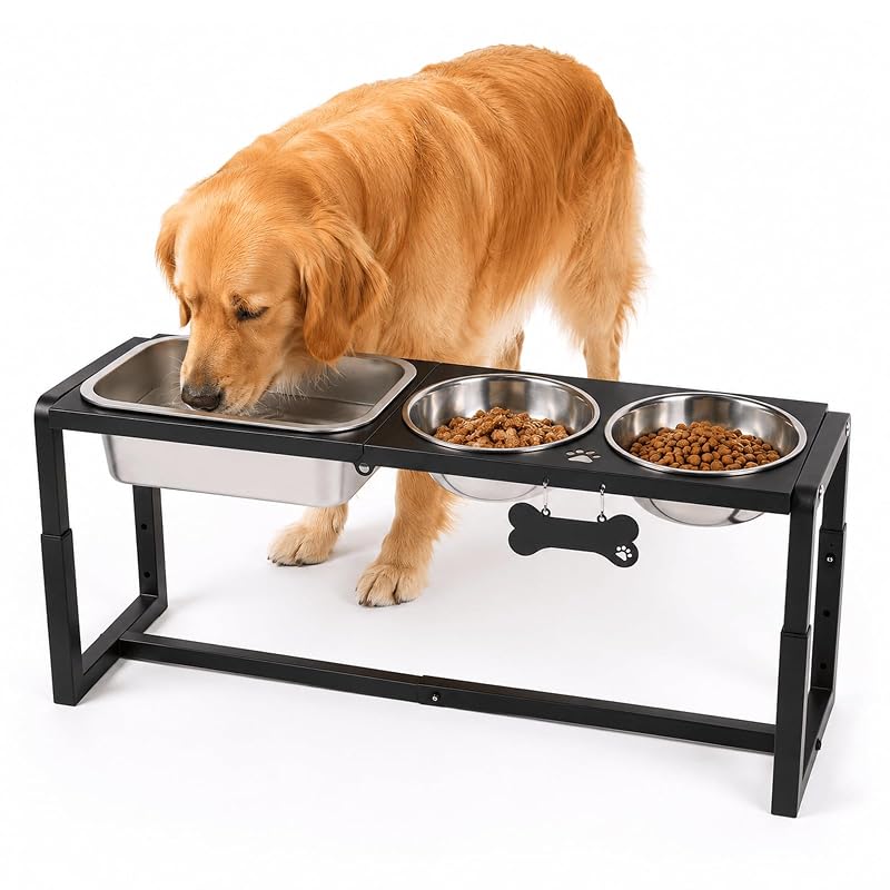 Comedouro elevado ajustável para cães médios e grandes Flodomix em metal com tigelas de aço inoxidável, 3 alturas, 2 x 1,7 L + 4,54 L