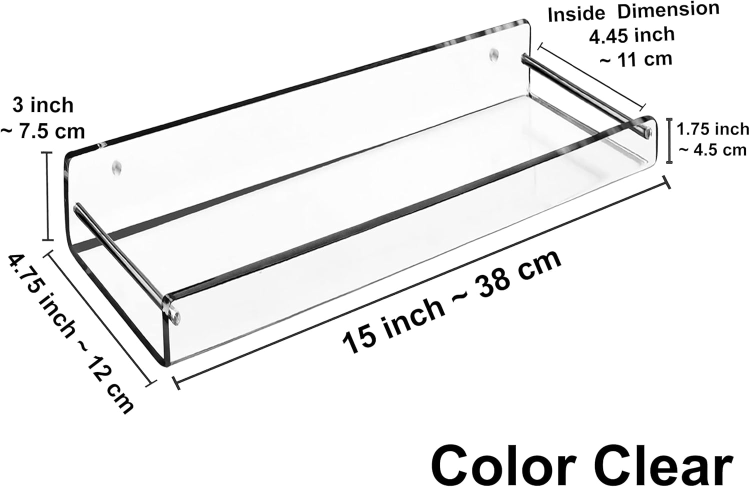 AMT 2 Pack Acrylic Floating Shelves, 15" L x 4.8" W, Clear Bathroom Wall Shelf, Bookshelves, Invisible Display for Office, Bedroom, Small Gap Allows Water to Escape, Free Screws & Drill Bit (Medium)