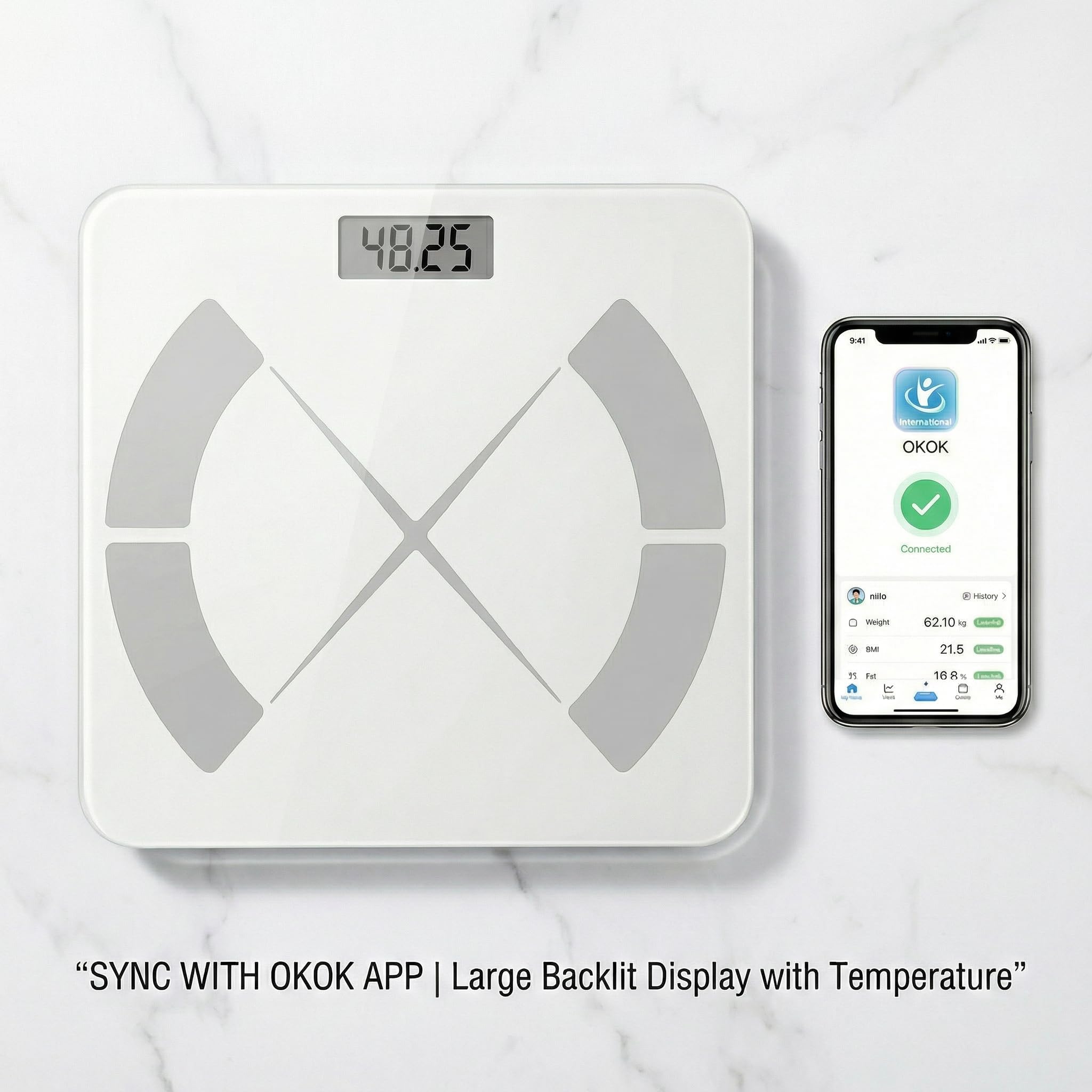 Báscula corporal inteligente – Báscula de baño Bluetooth con 18 métricas corporales y seguimiento de tendencia, diseño de haz en I grueso, vidrio templado grande, capacidad de 400 libras