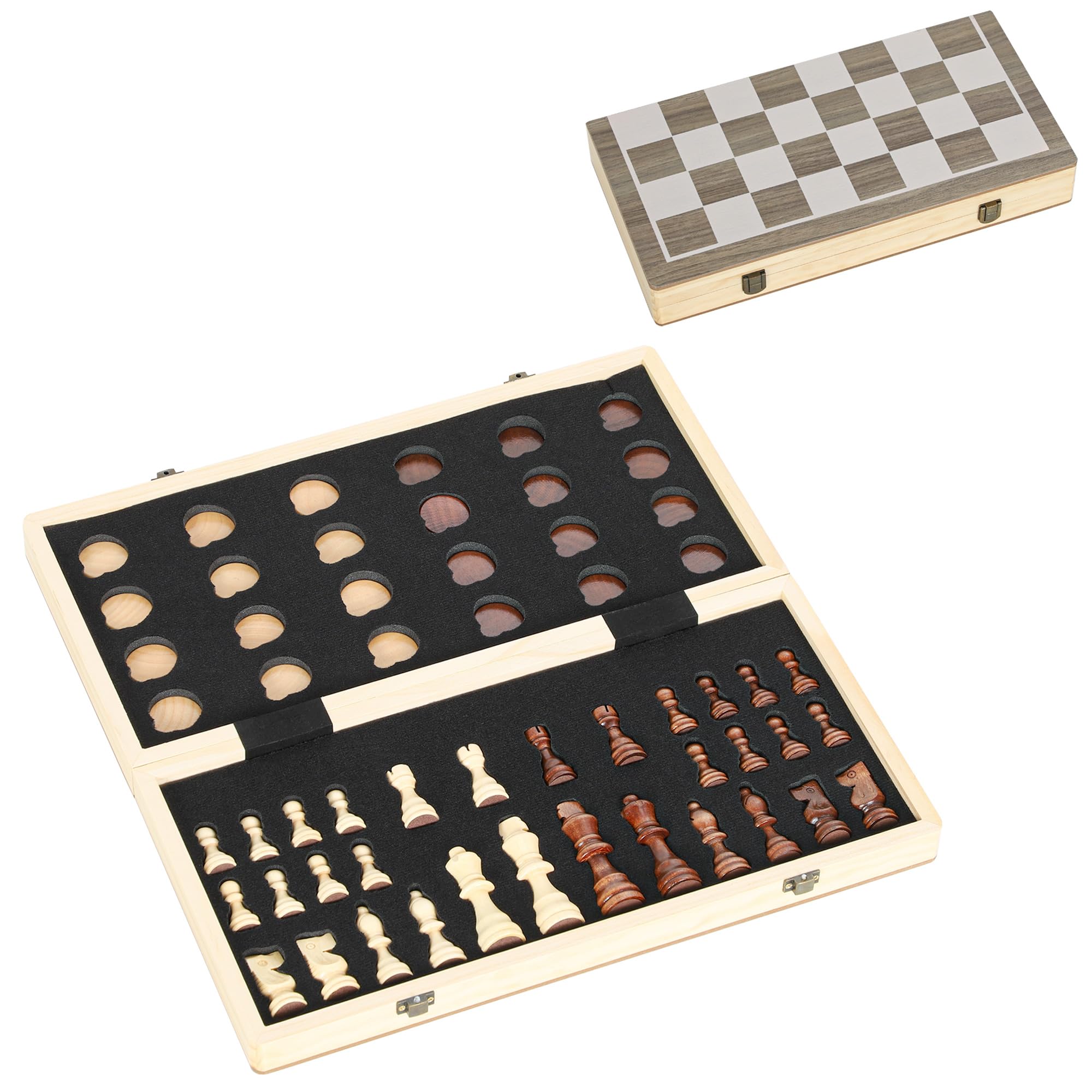 SPORTNOW 15 Inch Wooden Chess Set with Draughts Board Game, 2 in 1 Foldable Chess and Draughts Set with Pine Wood Pieces, Storage Grooves for Travel for Adults and Teens, Brown