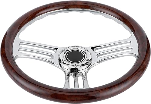 Miniatura 6 de Volante, 350mm/14in Agarre de Madera Oscura 6 Pernos Cromo Volante de 3 Radios Vintage