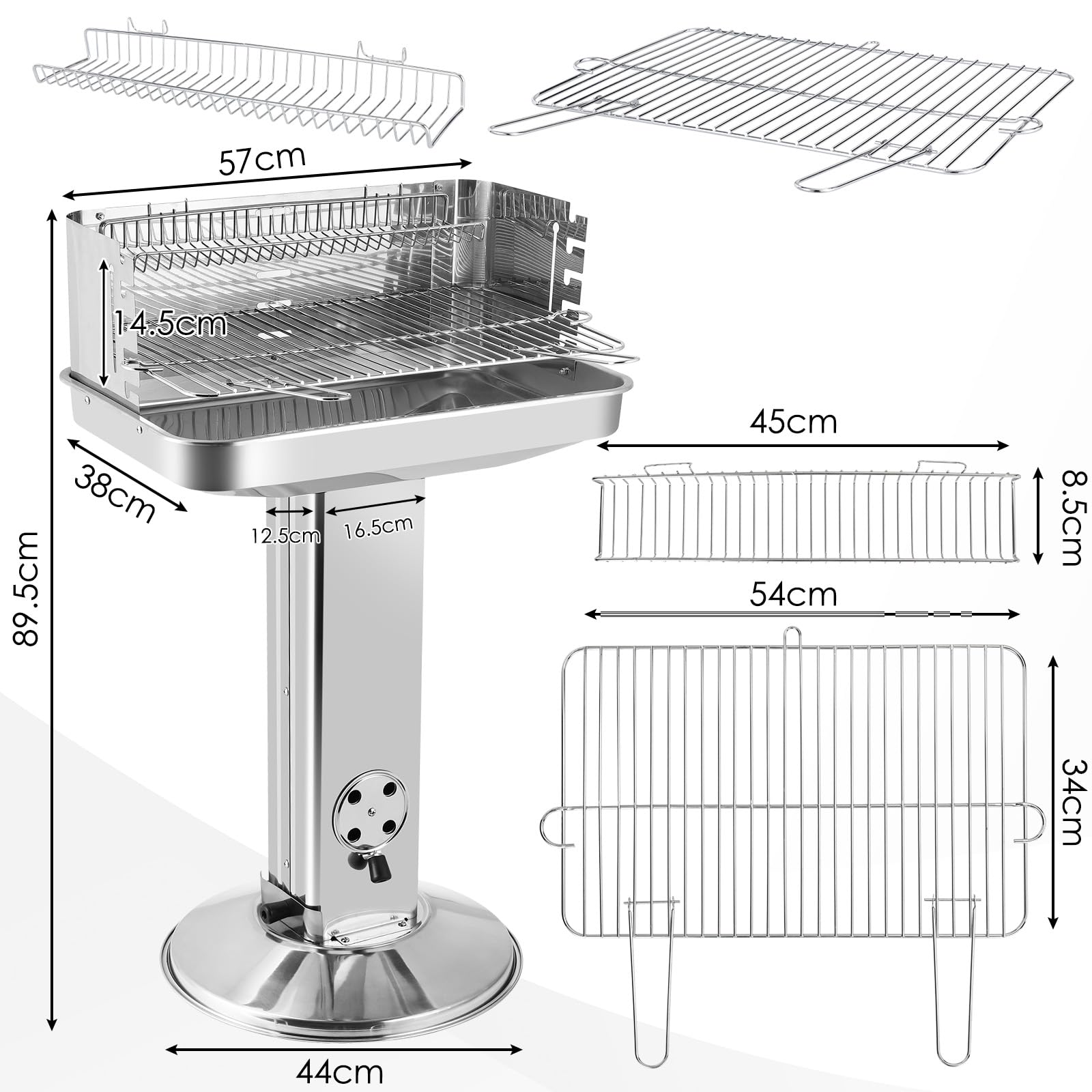 TLGREEN Barbecue a colonna in acciaio inox 57 * 38 * 90 cm, Altezza regolabile in 5 posizioni, Barbecue da esterno con Cassetto cenere, ventilazione e griglia cromata, Outdoor, BBQ, Spiagge, Giardino