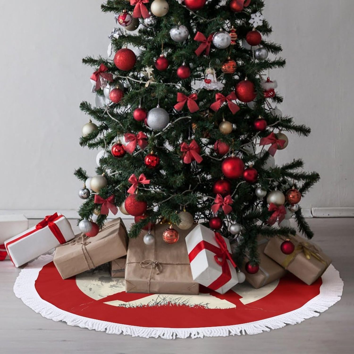 Taekwondo Girl in The Moon Christmas Tree Skirt Round Xmas Tree Mat Ornaments Tree Skirts with Tassels for Holiday Party