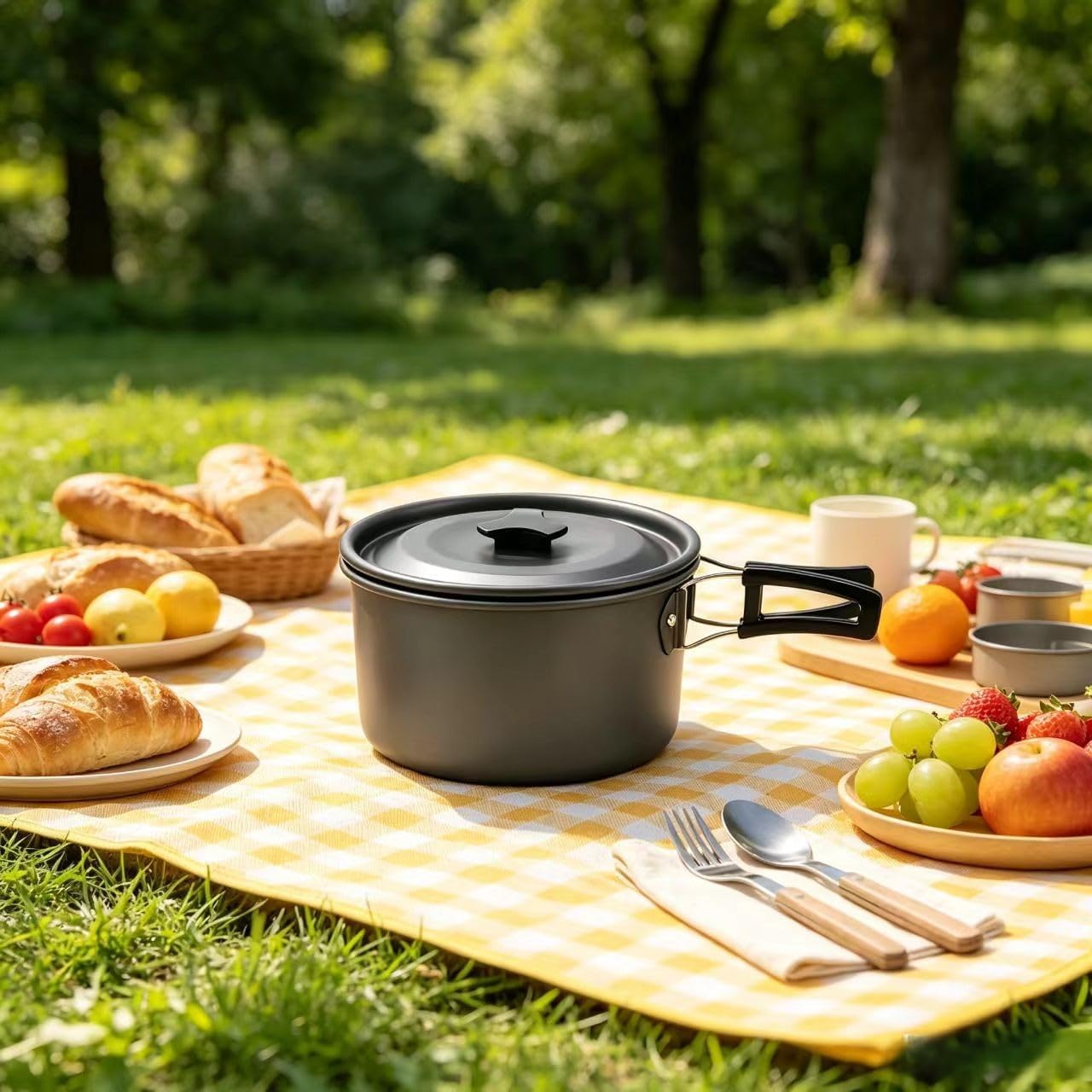 Portable Camping Pot – 2.1Qt Hard Anodized Aluminum Cook Pot, Lightweight (0.68lb) with Folding Heat-Resistant Handle, Mesh Storage Bag for Backpacking, Hiking, Picnic, Outdoor Cooking