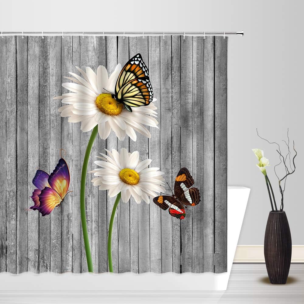 Rustic Daisy Shower Curtain Farmhouse White Daisy Flower Butterfly Vintage Gray Wooden Barn Door Farm Spring Flower Nature Botanical Retro Countryside Bathroom Decor Fabric Curtain with Hooks