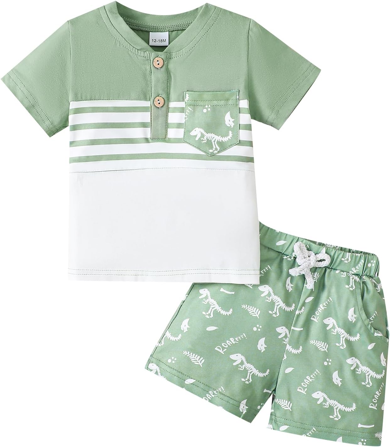 QUNERYToddler Baby Boy Clothes Short Sleeve Dinosaur Stripe Tops Bear Print Shorts Set Baby Boy Summer Outfits
