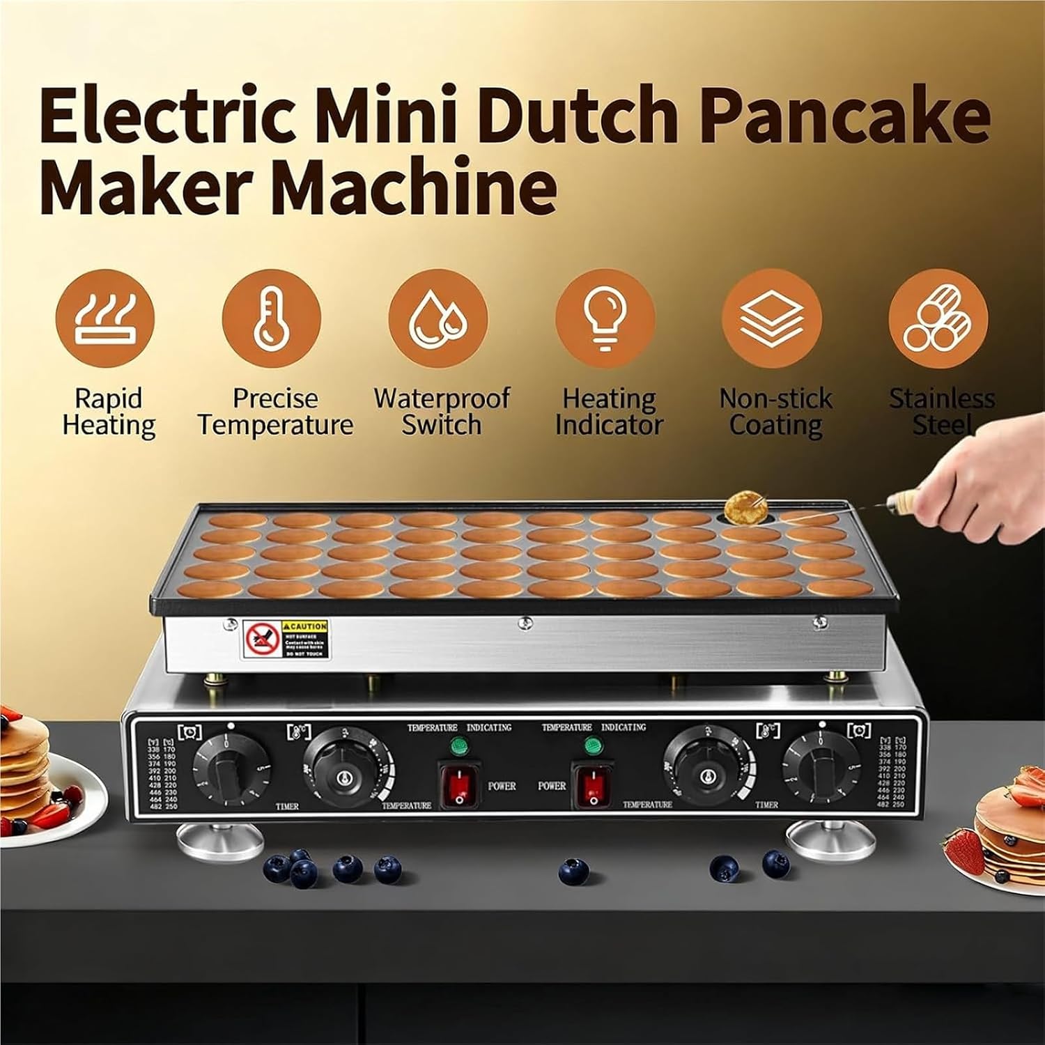 Mini Dutch Pancake Baker， Mini Pancake Maker ， Electric Maker Waffle Machine Nonstick Eggs Crepe Pan 50-300℃ Temp 5 min Time Control(50holes)