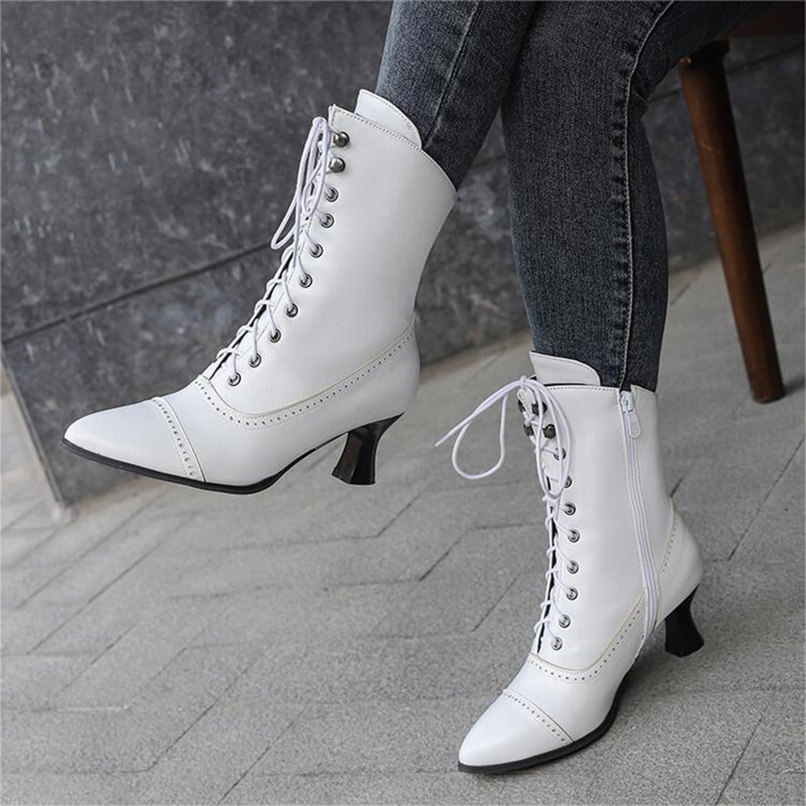Botines para mujer con punta redonda tacón bajo suela antideslizante con cordones con cremallera lateral Botas de tobillo medio