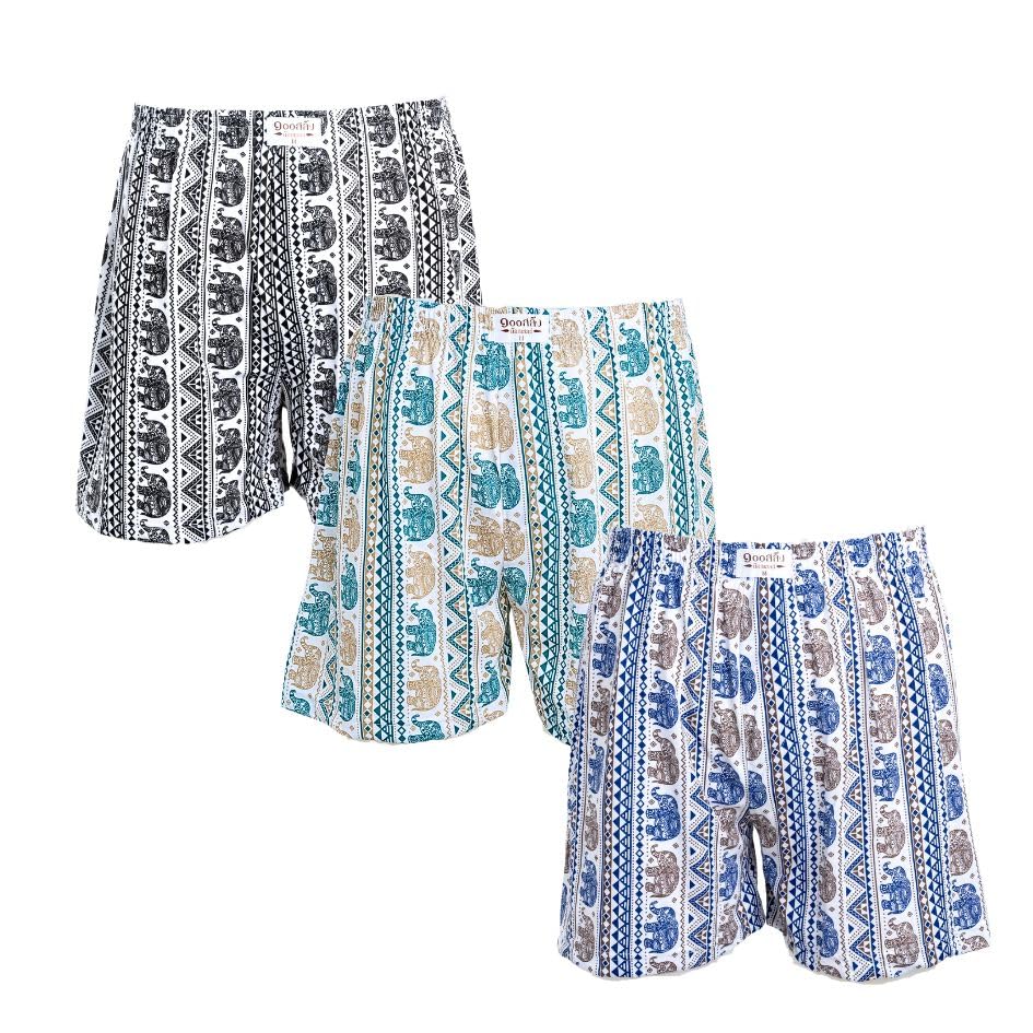 100Salueng Men Knitted Boxer shorts exotic elephant printed, Pack of 3, Blue, Green, Black. - Main Image