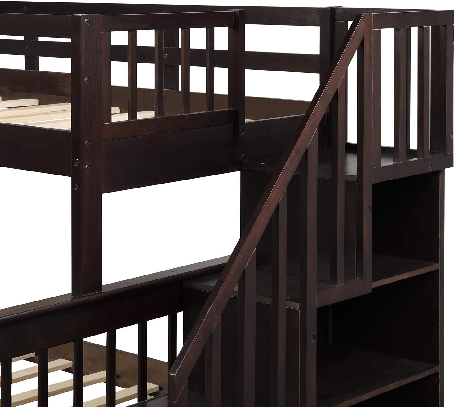 Twin Over Full Bunk Bed with Drawers, Solid Wood Bunk Bed Frame with Stairway, Storage & Guard Rail for Bedroom Dorm, Espresso