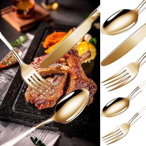 Miniatura 5 de Vilihkc Juego de cubiertos de 20 piezas de cubiertos de acero inoxidable para 4, regalo resistente, cuchillo pulido espejo, tenedor, cuchara