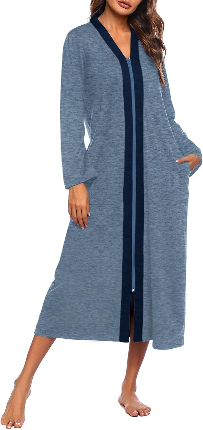 Ekouaer Women Zipper Robe Long Sleeve Loungewear Lightweight Housecoat Full Length Nightgown with Pockets