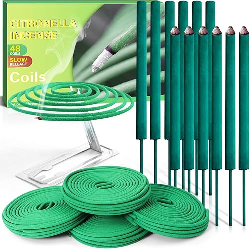 SCENTORINI Varillas de incienso de citronela, bobinas de citronela para acampar al aire libre, patio, porches, 12 inciensos crudos con 48 bobinas