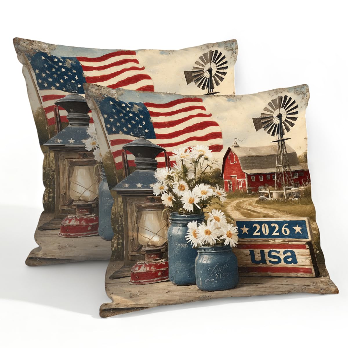 Outdoor Pillow Covers Waterproof Pillowcases 22x22in Set of 2 Vintage American Farmhouse Scene Decorative Throw Cushion Case for Couch Sofa Garden Patio Furniture