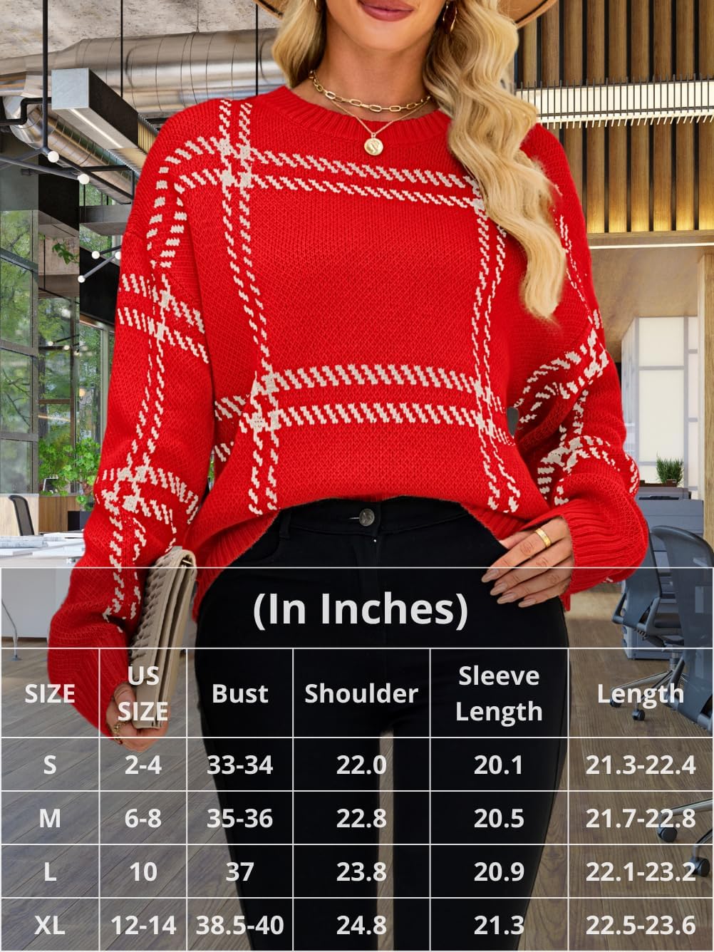 Checkered Pullover Sweaters, Crew Neck Long Sleeve, Fall Clothing, Lightweight Sweater for Women Striped Plaid - Image 6