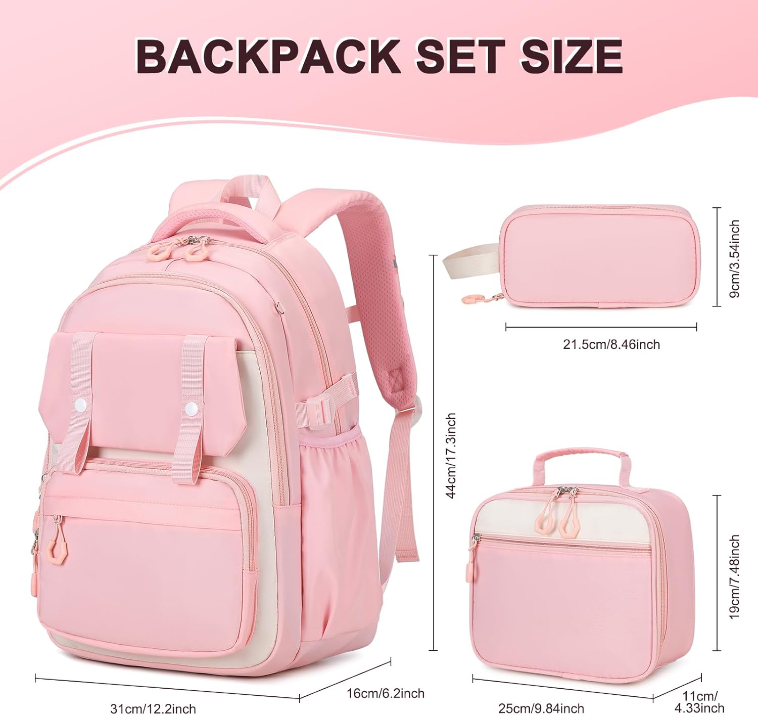 Scothen 3PCS Girls Backpack Set, Kids School Backpack for Girls with Lunch Bag Pencil Case, Large Pink Cotton Nylon Waterproof School Backpack
