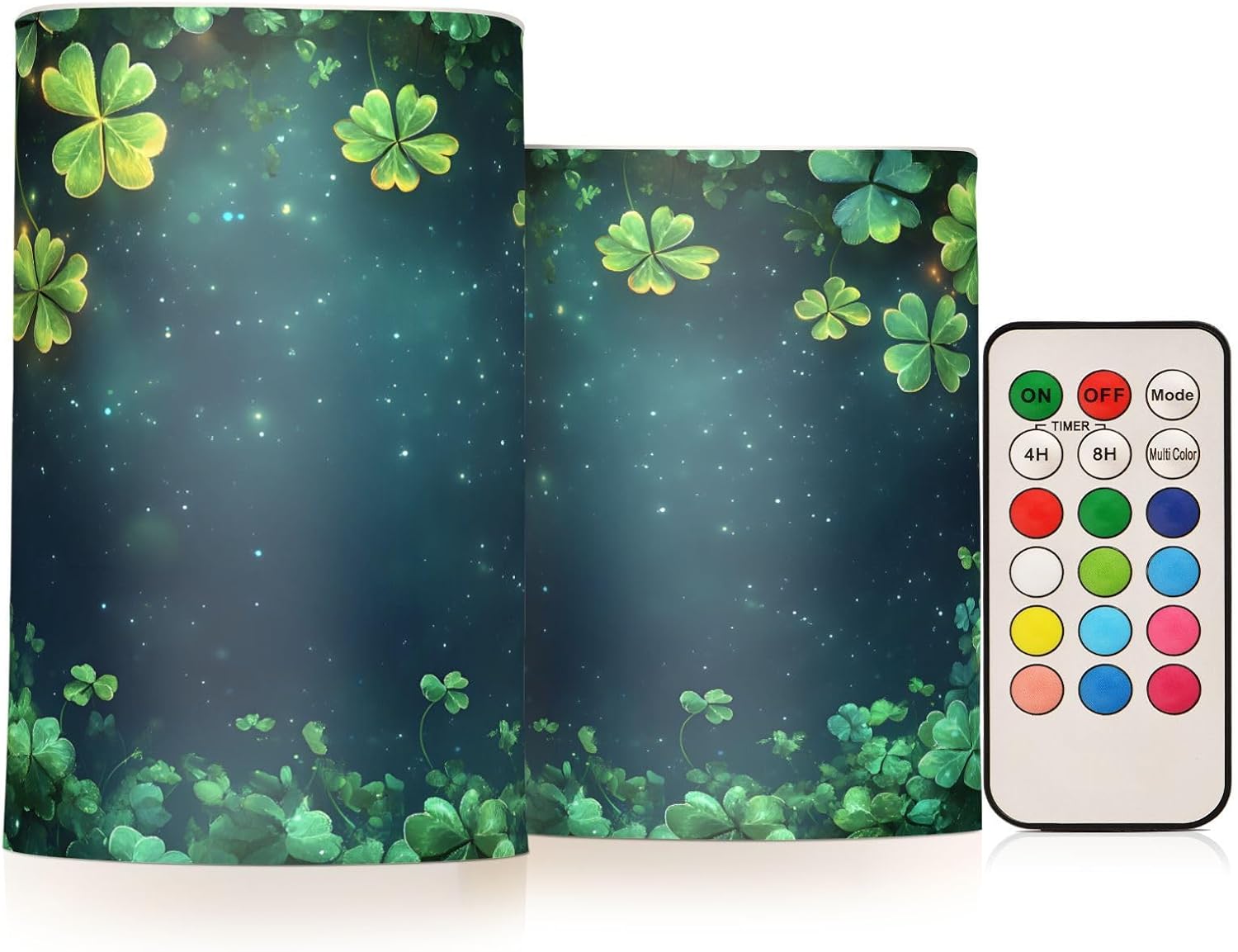 ALAZA Clover Happy St. Patrick's Day Shamrock Night Flickering Flameless Candles Pillar Led Candles Battery Operated Candles with Remote and Timers Set of 2